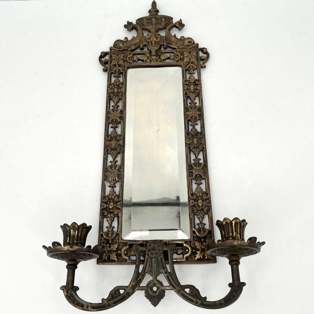 Victorian Bradley & Hubbard Metal wall mirror with dual candle holders